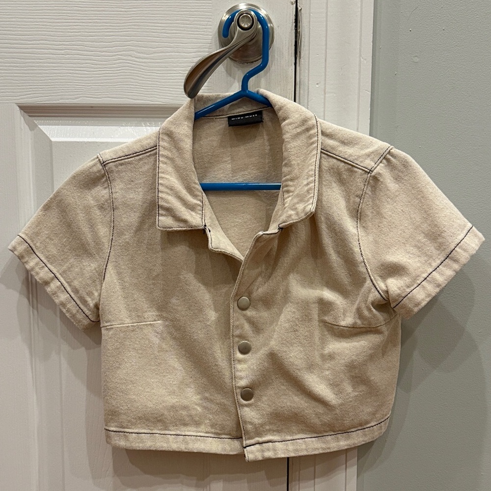Beige Cropped Button-Up Shirt